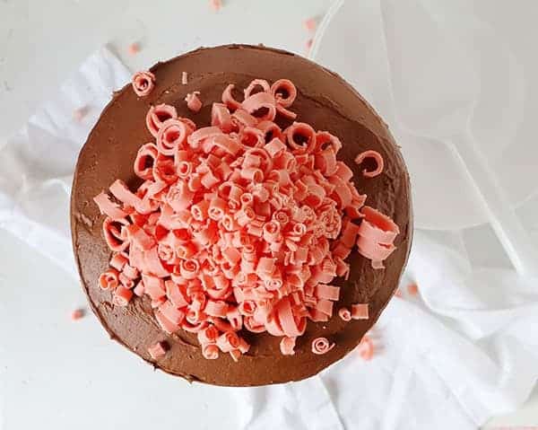 Chocolate Laye Cake with Chocolate Chip Cookie Layers and Mini Pink Chocolate Curls!
