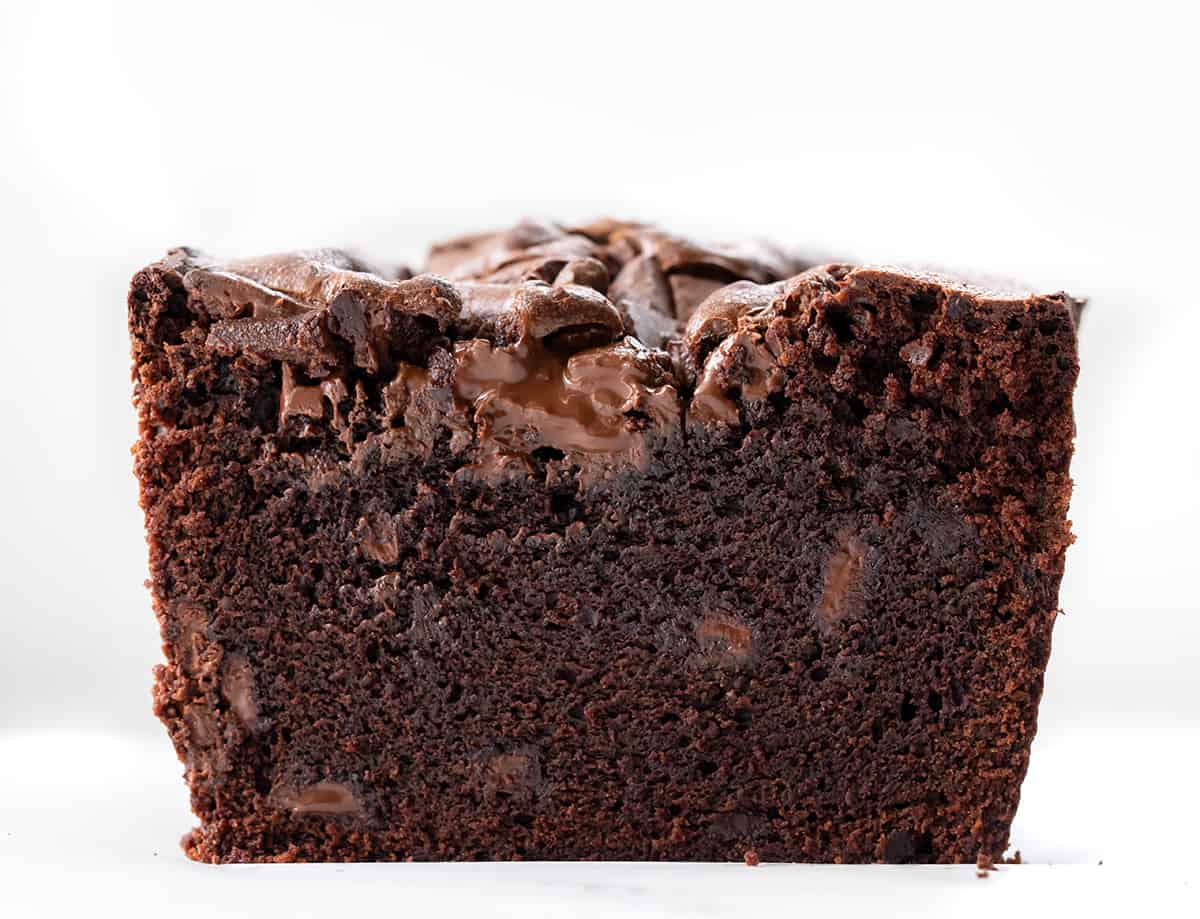 CLose up of Cut Into Double Chocolate Loaf Cake.