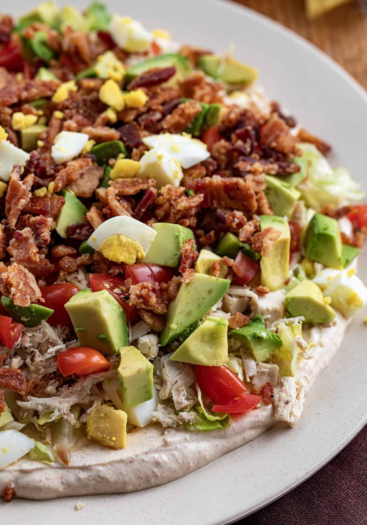 CLose up of Southwest Cobb Salad Dip on a platter.