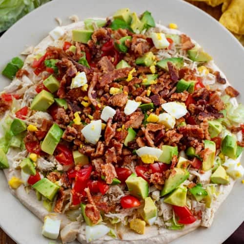 Platter with Southwest Cobb Salad Dip on it.