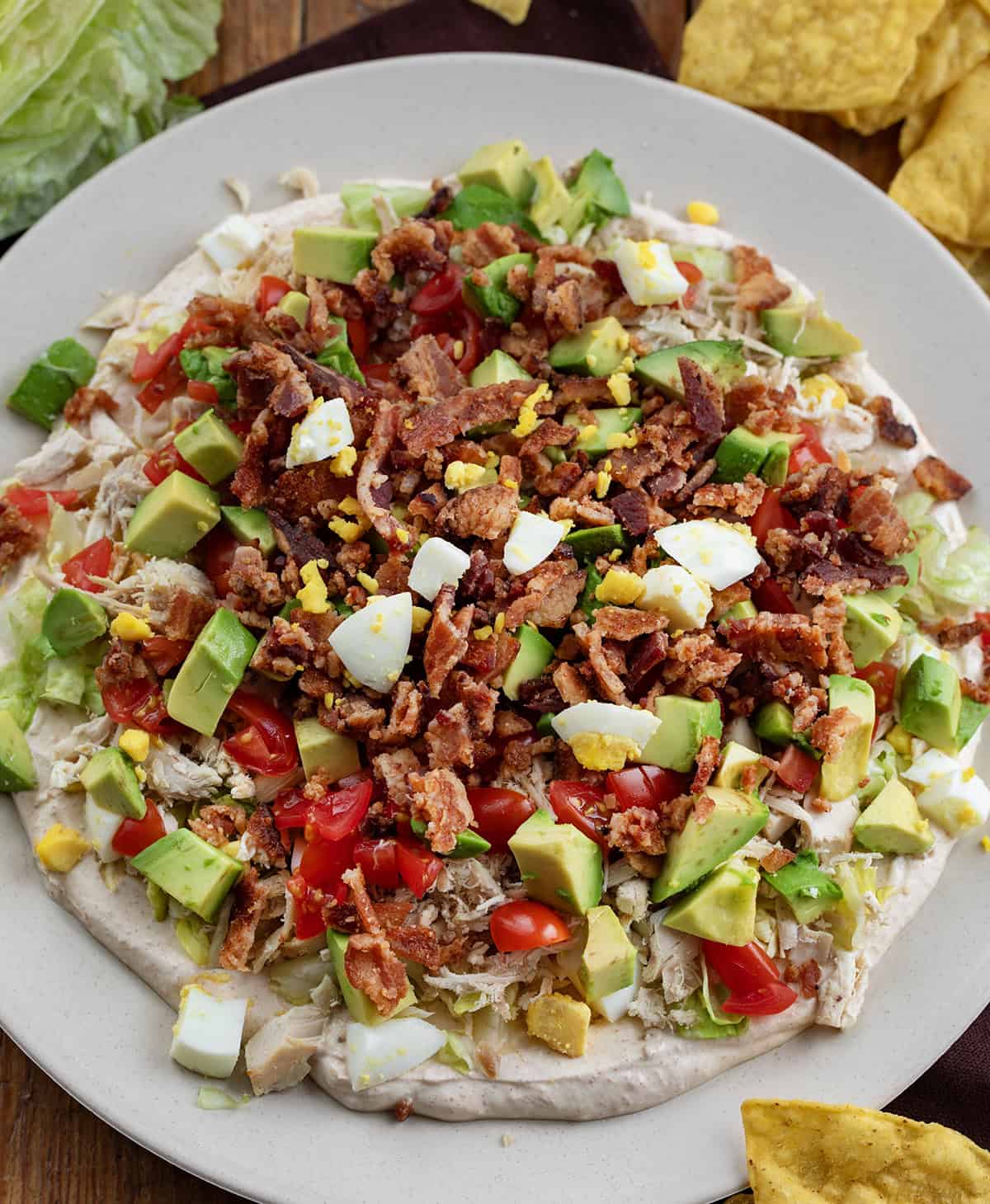 Platter with Southwest Cobb Salad Dip on it.