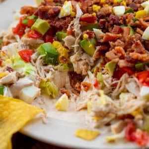 Close up of Southwest Cobb Salad Dip with a chip resting on the plate.