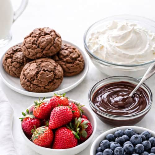 Ingredients for making Chocolate Strawberry Shortcakes.