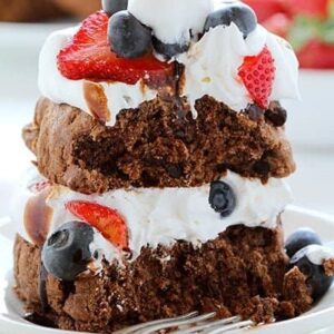 Chocolate Strawberry Shortcake with Blueberries and Chocolate Sauce!