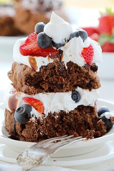 Chocolate Strawberry Shortcake with Blueberries and Chocolate Sauce!
