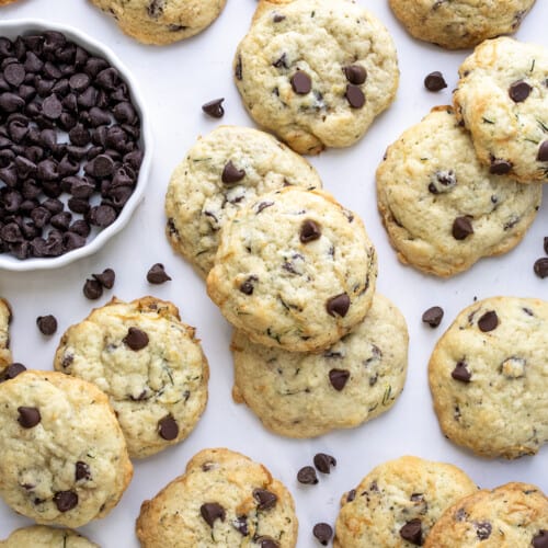 Looking Down on Chocolate Chip Zucchini Cookies on a White Counter.