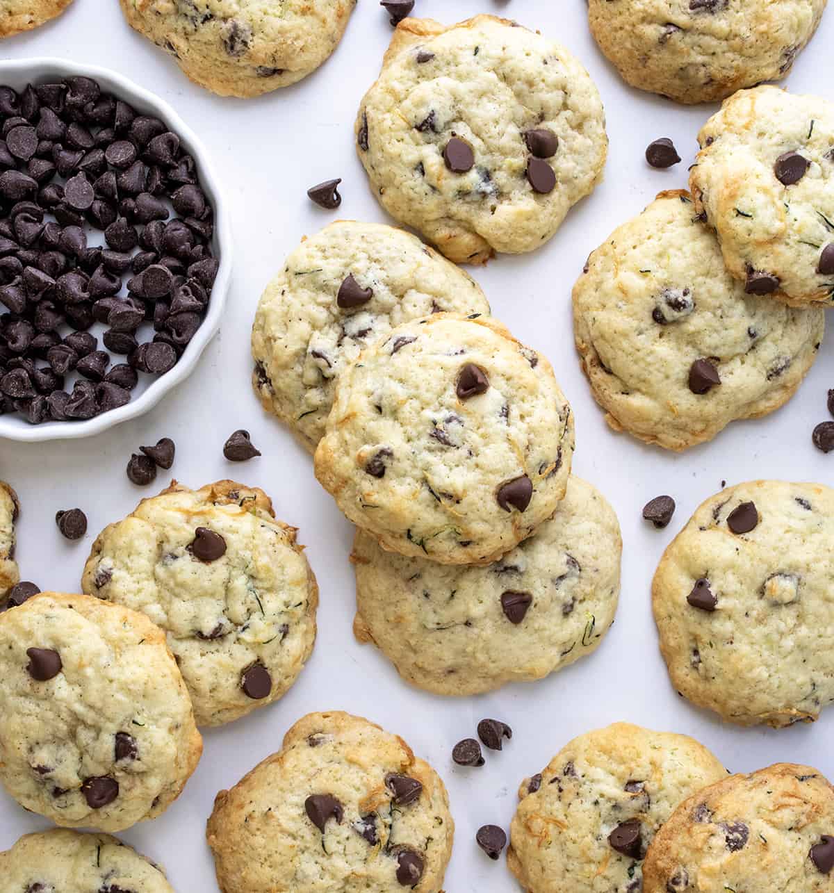 Looking Down on Chocolate Chip Zucchini Cookies on a White Counter. 