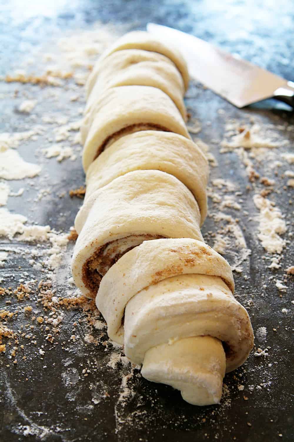 Rolled and cut, ready to bake, Pumpkin Cinnamon Rolls