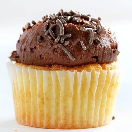 The Perfect Yellow Cupcake with a delicious Whipped Chocolate Buttercream! iambaker.net