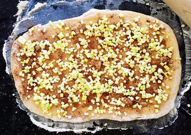 Overhead Showing how to roll up Zucchini Pull-Apart Bread