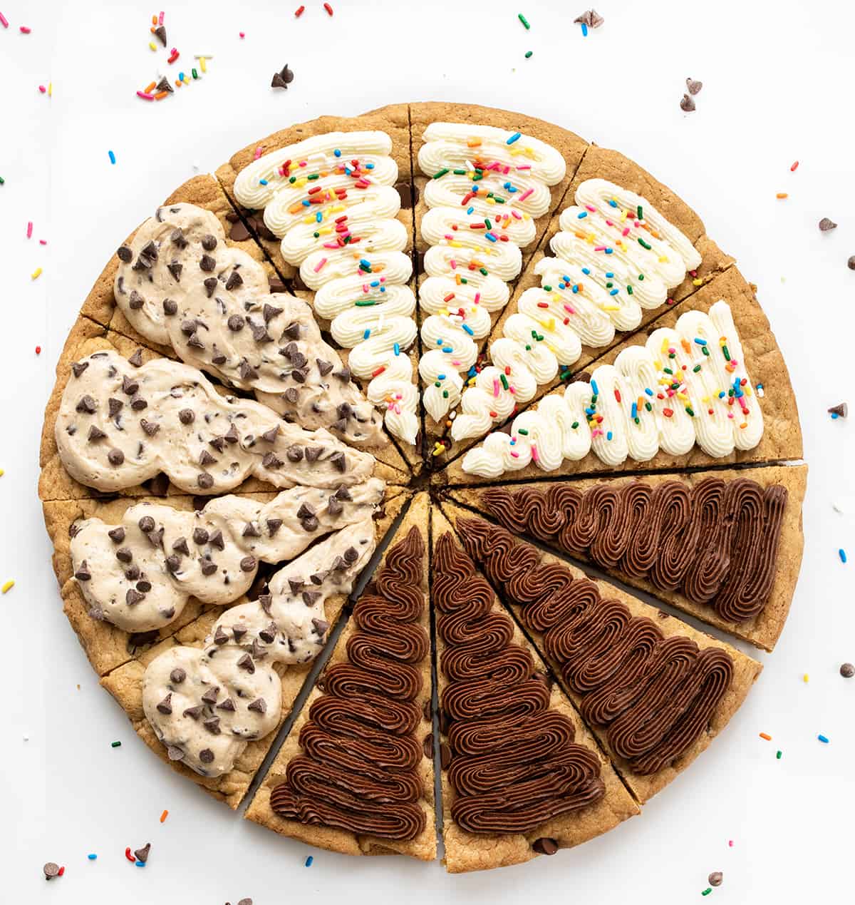 Cookie Cake for a Crowd with Chocolate Frosting, Vanilla Frosting, and Cookie Dough Frosting.