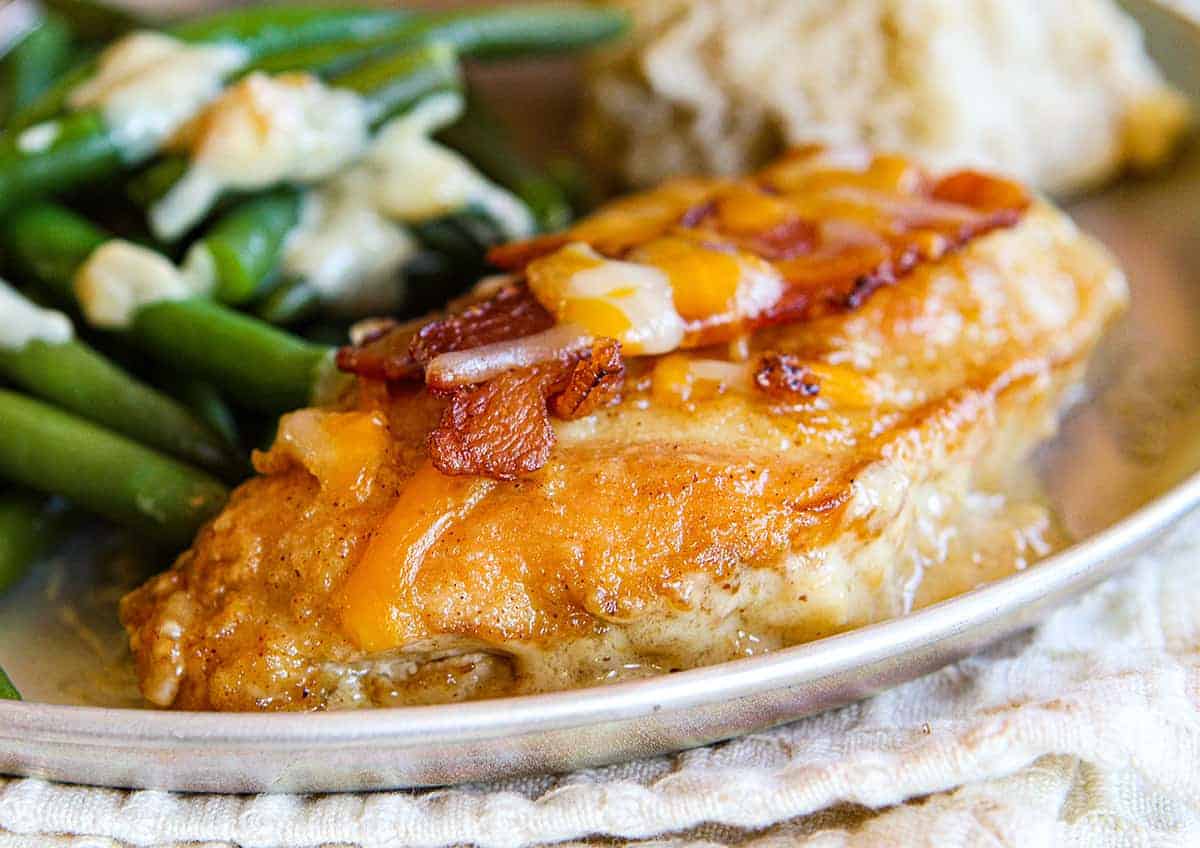 Alice Springs Chicken - Cheesy Bacon Chicken Recipe on Plate with Green Beans