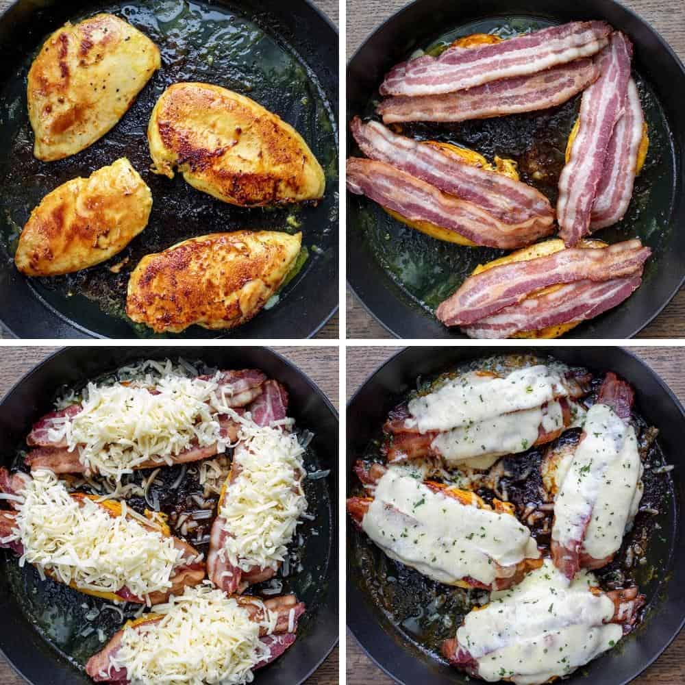Steps of layering bacon and cheese on chicken breasts for Cheesy Bacon Chicken with Mustard Sauce