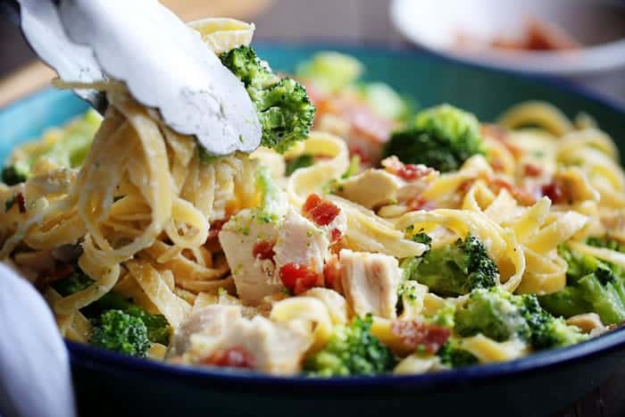 Chicken Fettuccine Alfredo with Bacon and Broccoli