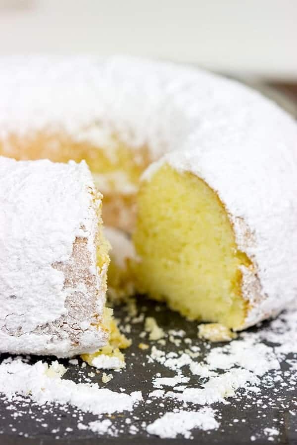 Powdered Sugar Doughnut Cake i am baker