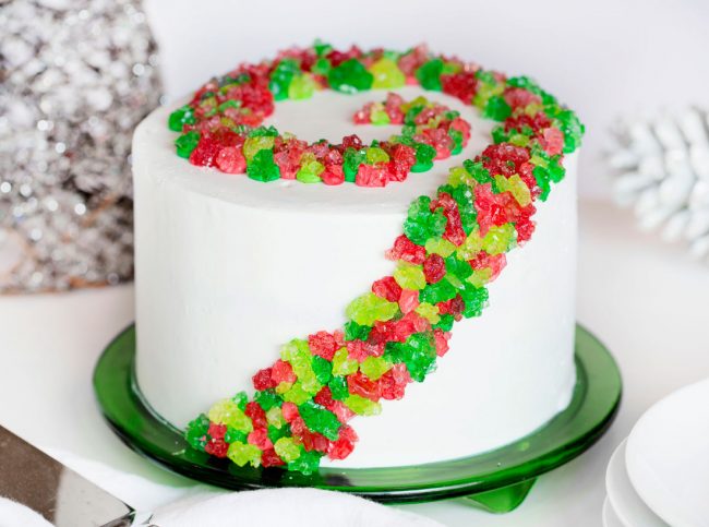 Red and Green and lots of CANDY make this one of the most festive Holiday cakes you will ever see!