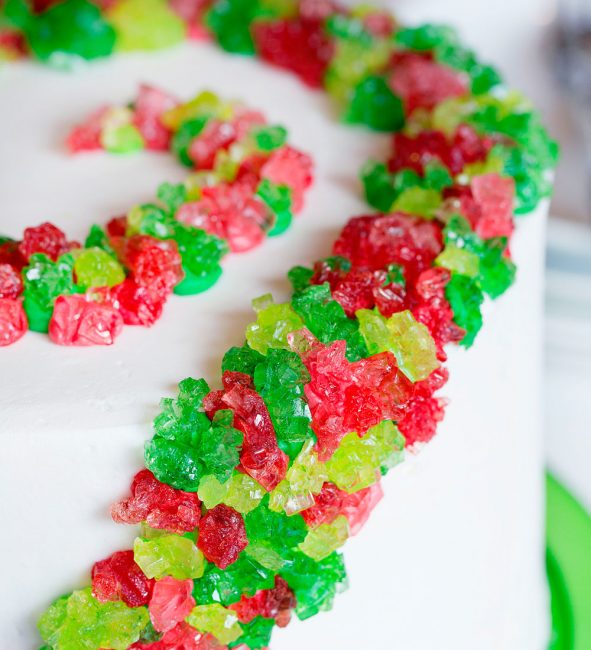 Red and Green and lots of CANDY make this one of the most festive Holiday cakes you will ever see!