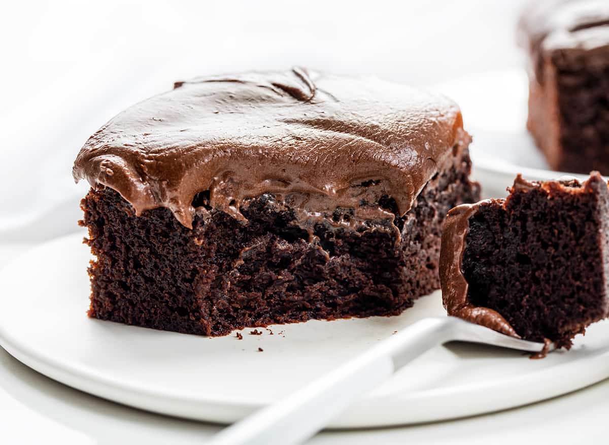 Piece of Double Fudge Cake with a Bite Removed and The Bite on the Fork Next to the Piece.