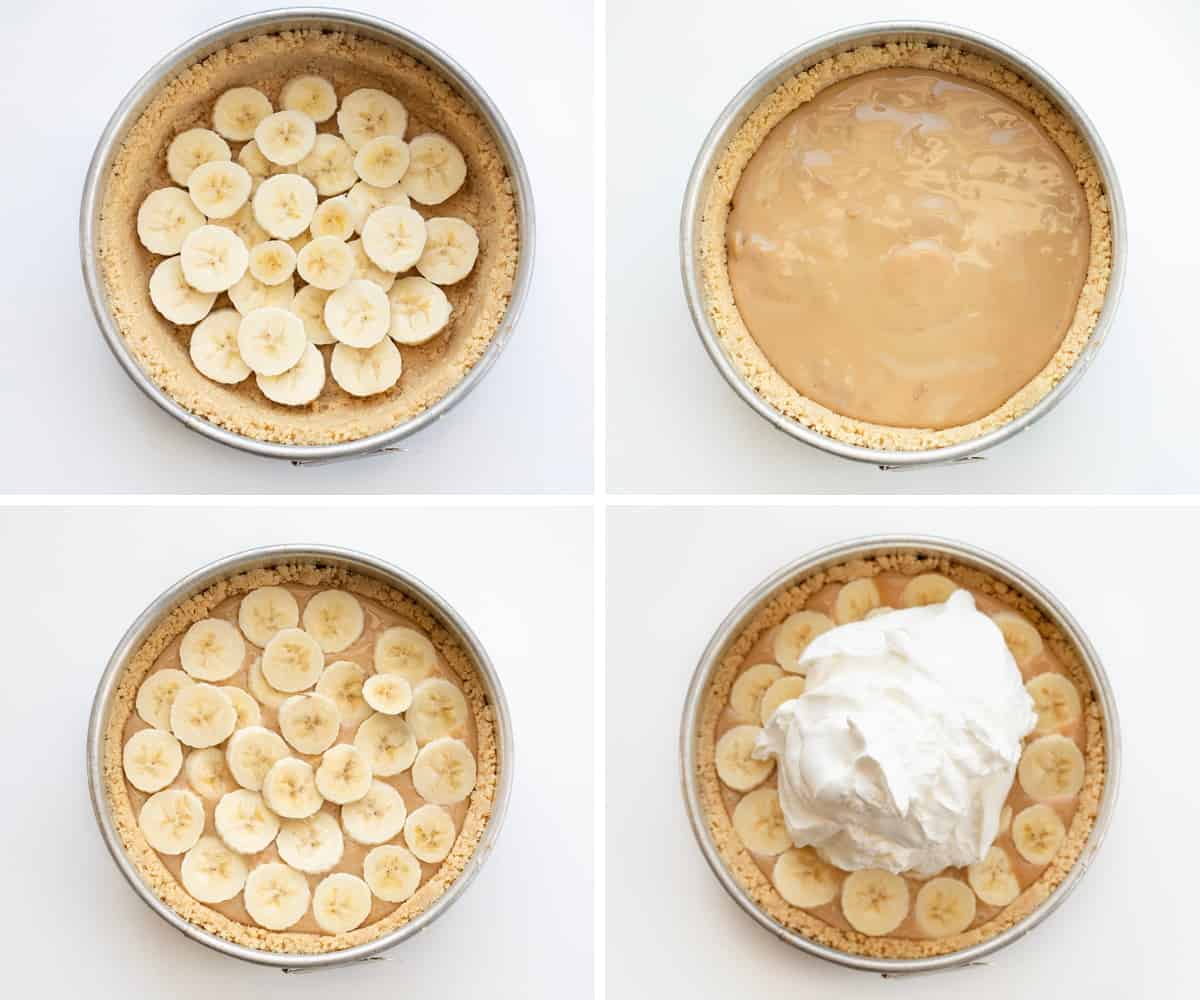 Steps for Making a Banoffee Pie in a Shortbread Springform Pan.