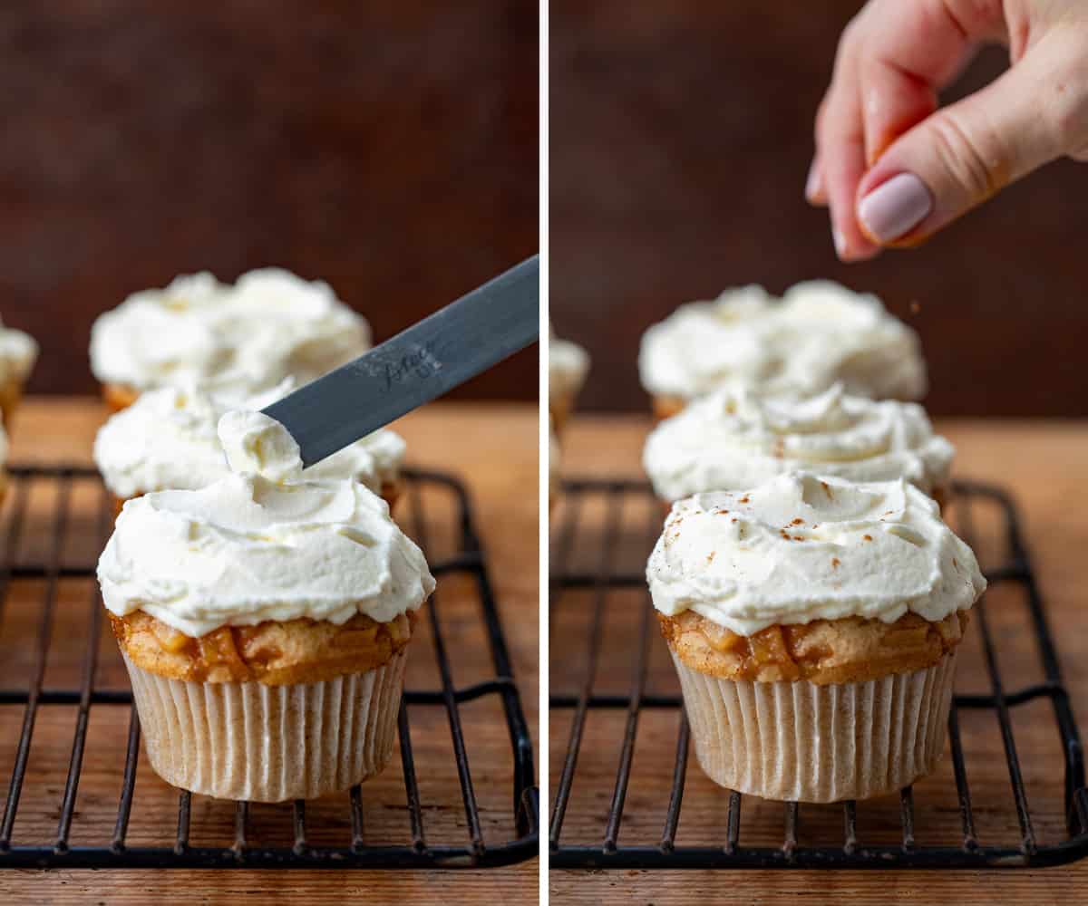 Adding Whipped Topping to Apple Pie Cupcakes and Then Sprinkling with Cinnamon.