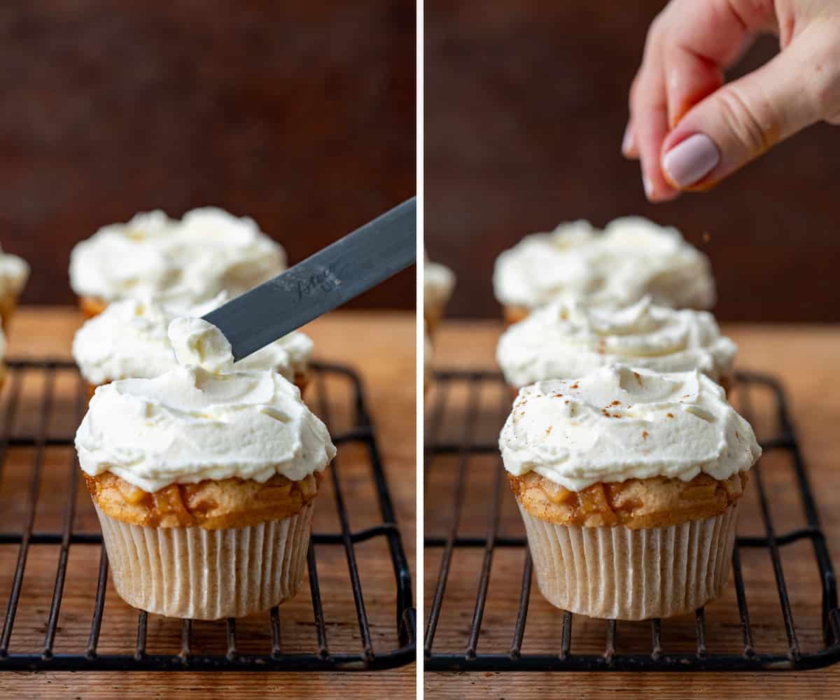 Apple Pie Cupcakes are perfectly spiced, tender cupcakes baked with apple pie filling and topped with stabilized whipped cream. So tender and delicious! They are reminiscent of a slice of apple pie but in convenient cupcake form! Adding Whipped Topping to Apple Pie Cupcakes and Then Sprinkling with Cinnamon.