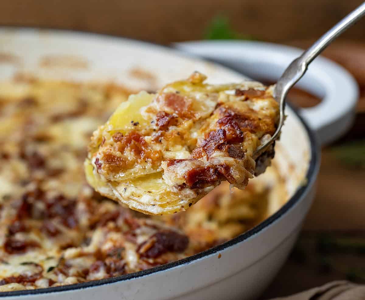 These Gruyere Scalloped Potatoes are a definite crowd pleaser! Loads of glorious gruyere cheese melting into thinly sliced Yukon gold potatoes and covered in bacon and thyme! Close up of a spoonful of Gruyere Scalloped Potatoes.