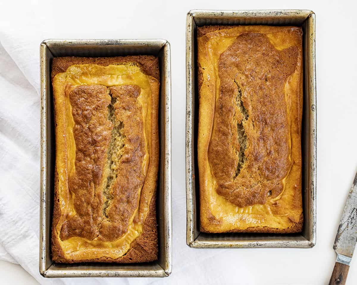 Two Loaves of Cream Cheese Banana Bread from overhead Showing Tops.  Baking, Bread, Cream Cheese, Banana Bread, Light Banana Bread, Two Loaf Bread Recipe, Dessert, Snack, Breakfast Bread, recipes, i am baker, iambaker