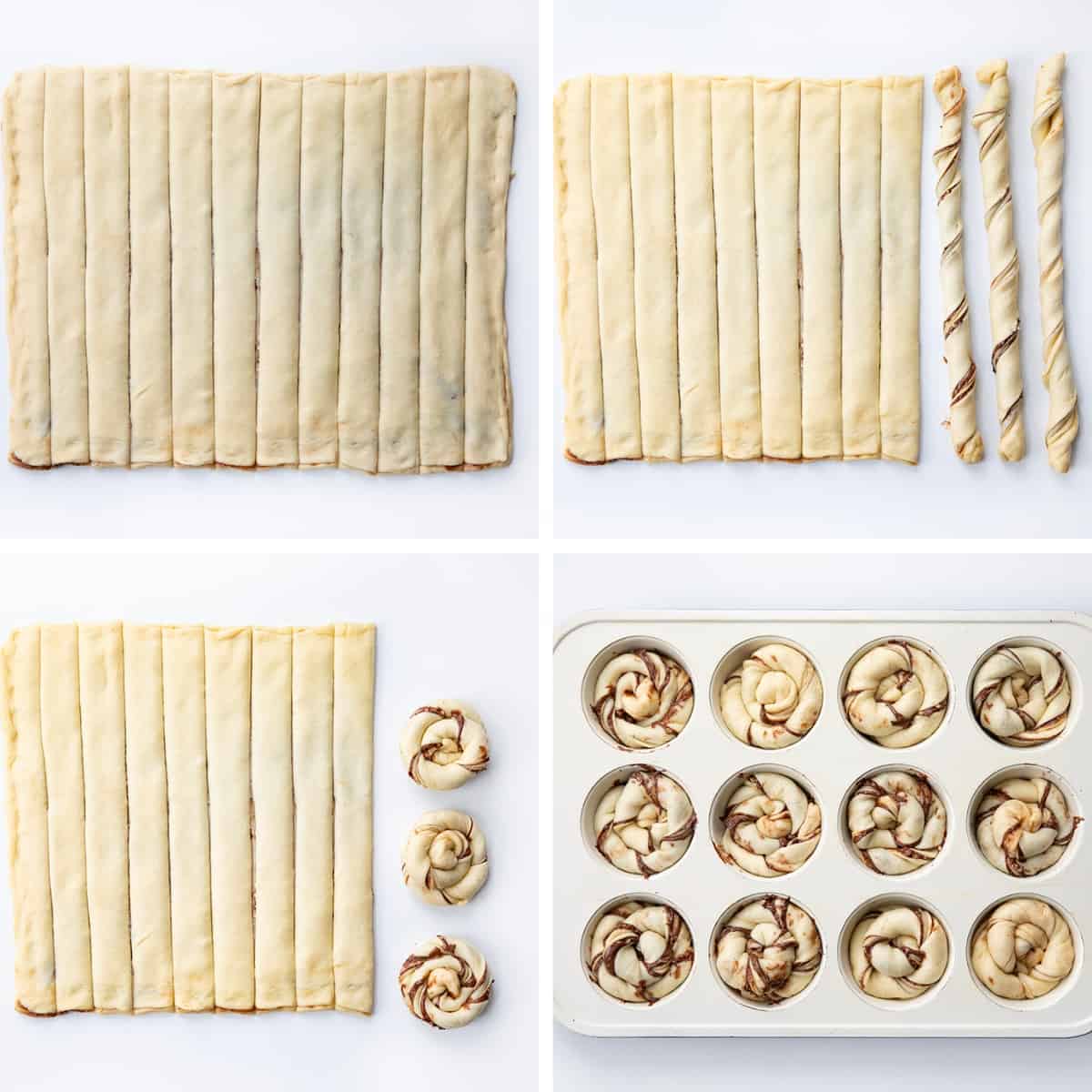 Steps for making a Chocolate Hazelnut Twists with cutting, twisting, and placing the raw twists into a pan.