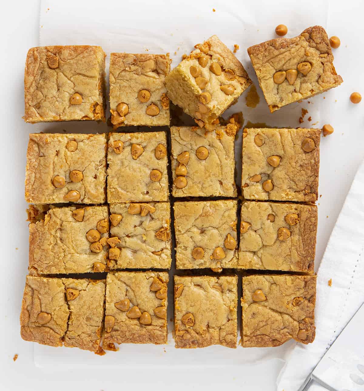 Overhead Image of Butterscotch Blondies Cut Into Pieces