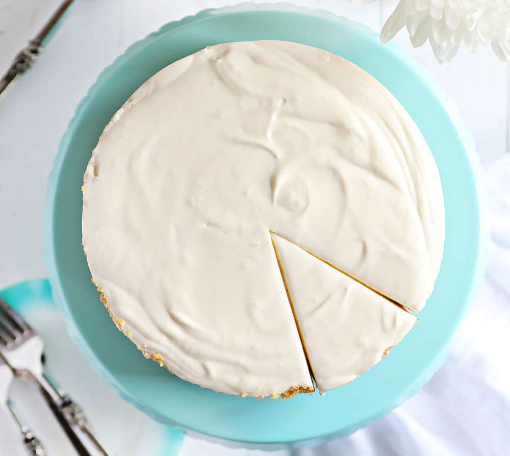 No Bake Cheesecake From Overhead with One Piece Cut.