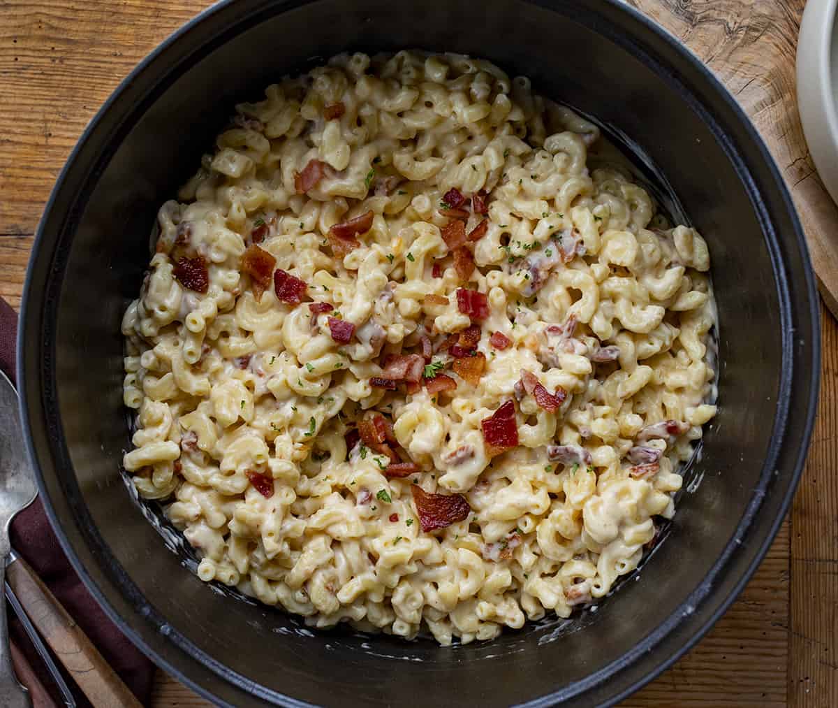 Overhead of Pot of Bacon Macaroni and Cheese 