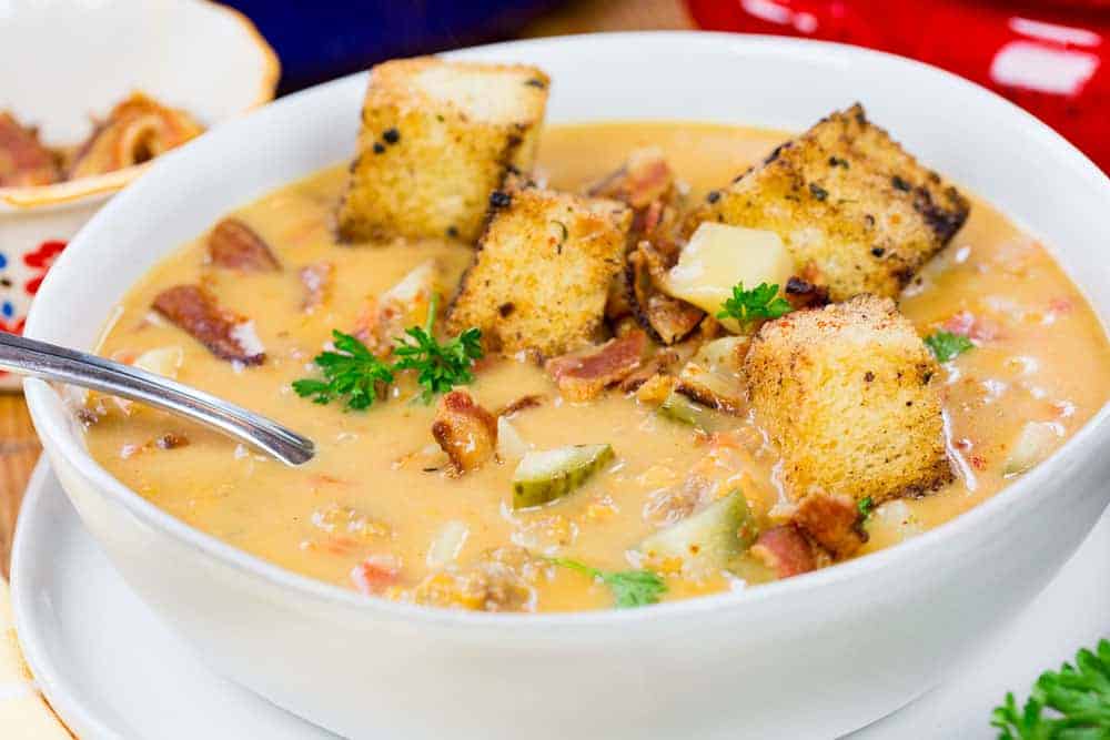 Cheeseburger Soup with Homemade Croutons