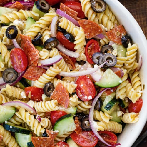 Close up of a Bowl of Greek Pasta Salad.
