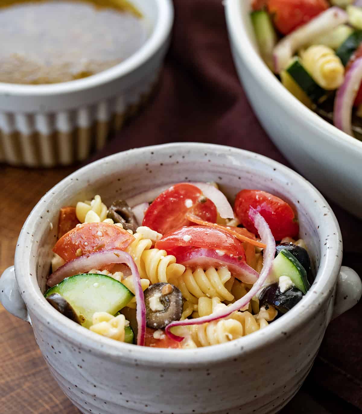 Bowl of Greek Pasta Salad.