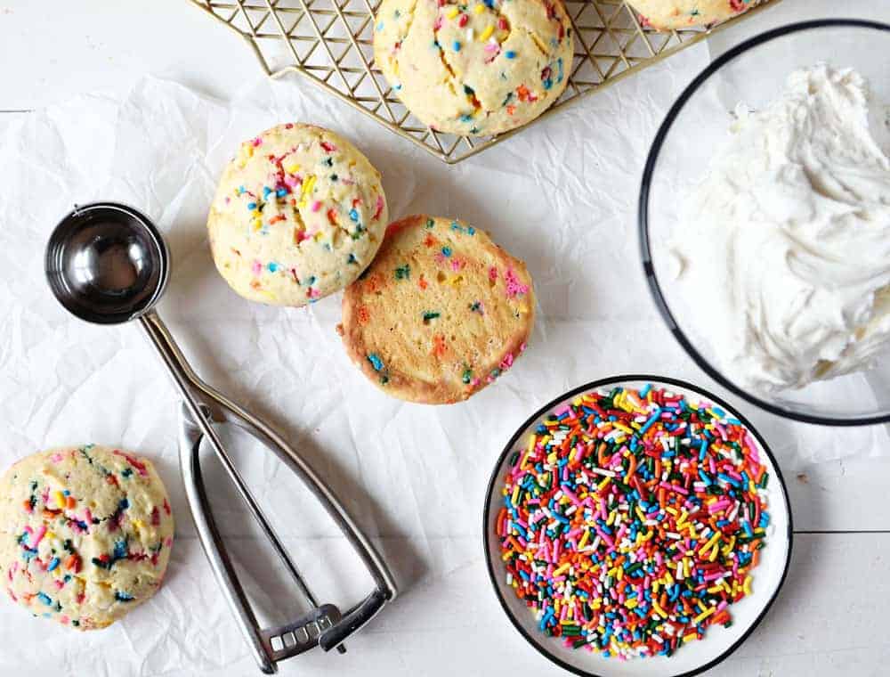 Birthday Cake Cookie Sandwiches with Sprinkles and Frosting