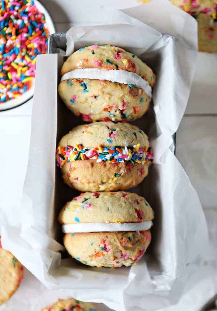 Birthday Cake Cookie Sandwiches Stacked in Loaf Pan