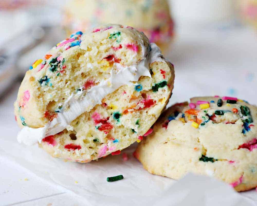 Easy Birthday Cake Cookies Sandwiches Bit Into Showing Inside