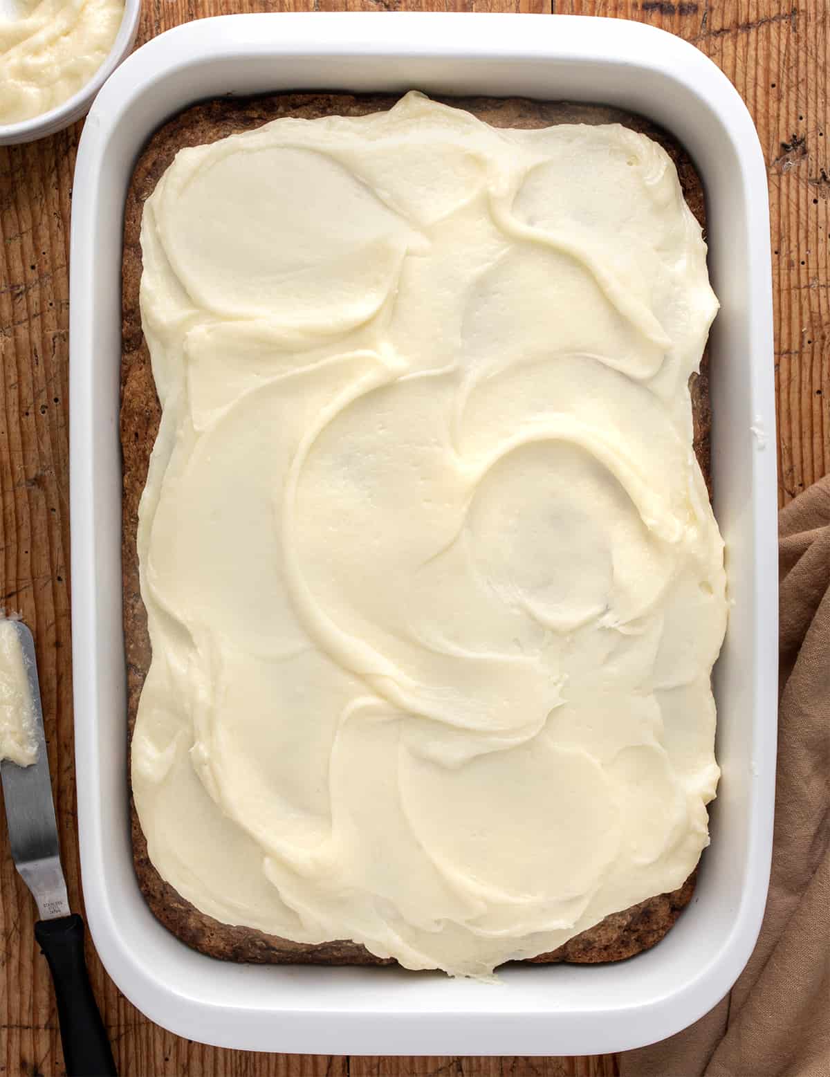 Pan of Zucchini Cake with Cream Cheese Frosting.