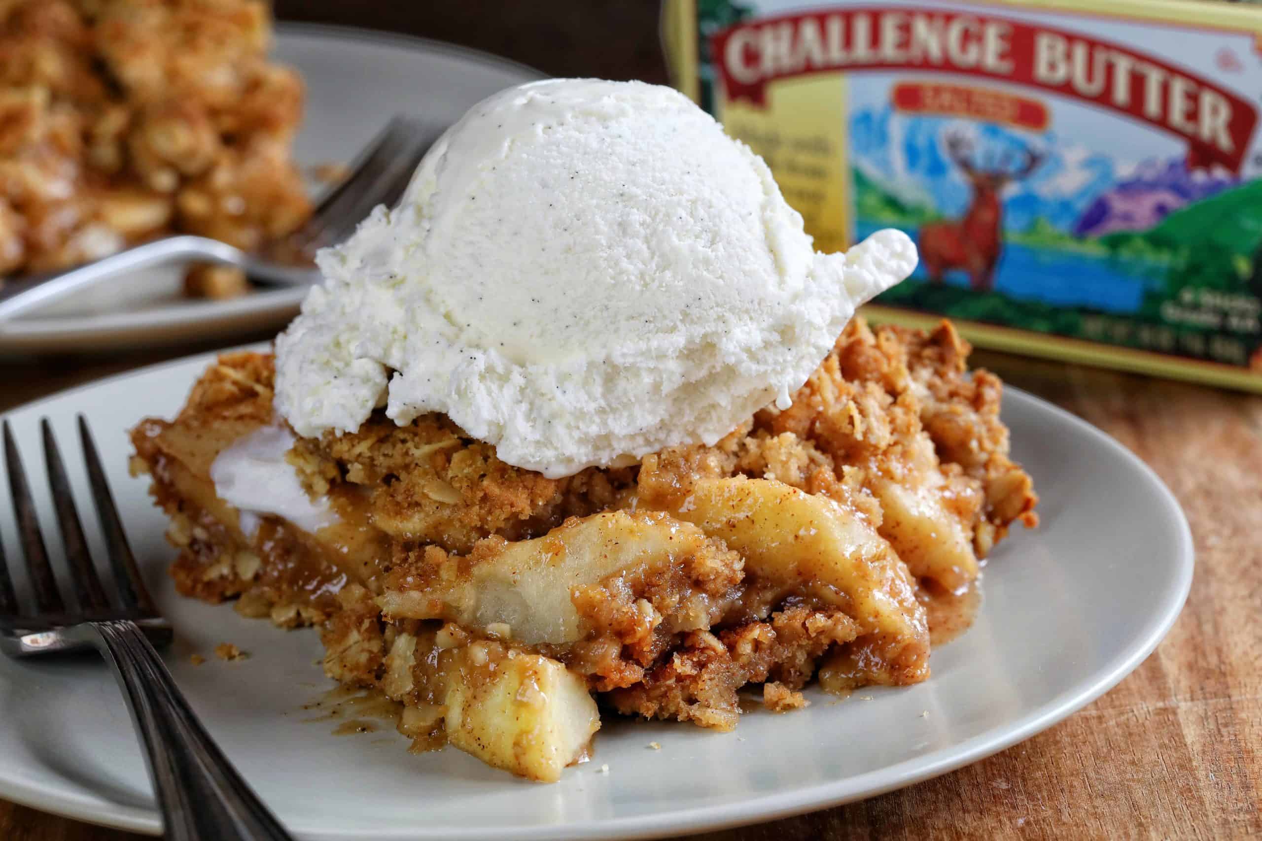 Apple Crisp on a Gray Plate with Fork