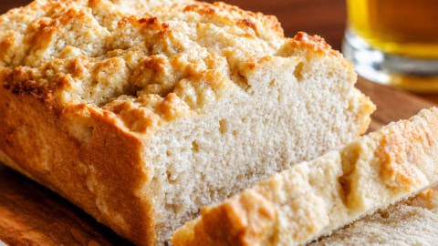 Loaf of Beer Bread with some slices cut with beer in the background.