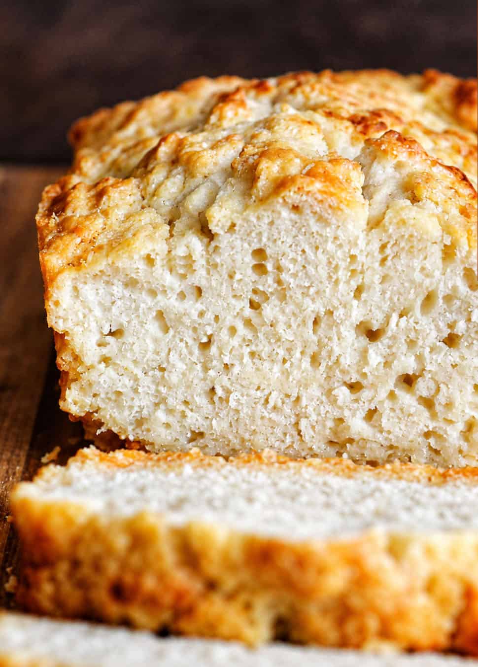 Close up of a cut into loaf of Beer Bread.