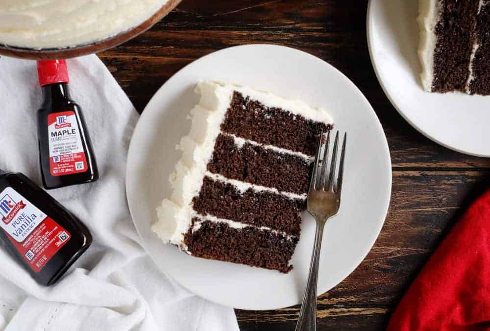 The perfect slice of chocolate cake with maple frosting!