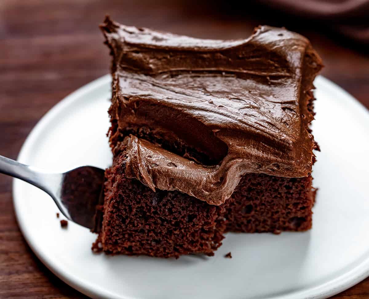 Fork Taking a Bite out of One Piece of Chocolate Mayo Cake.