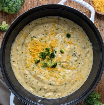 Pot of Roasted Broccoli and Cheese Soup on a Table from Overhead.