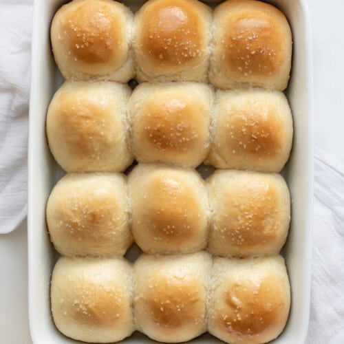 Easy Dinner Rolls in a white pan from overhead.