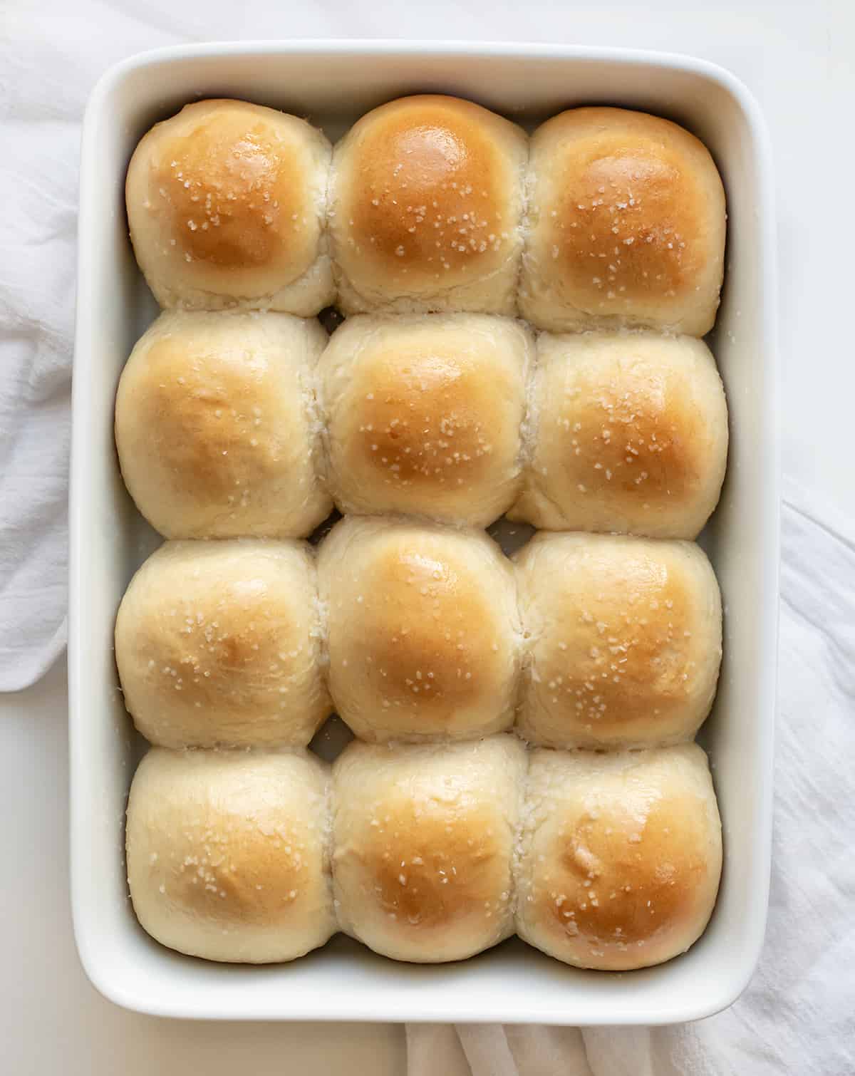 Easy Dinner Rolls in a white pan from overhead. 