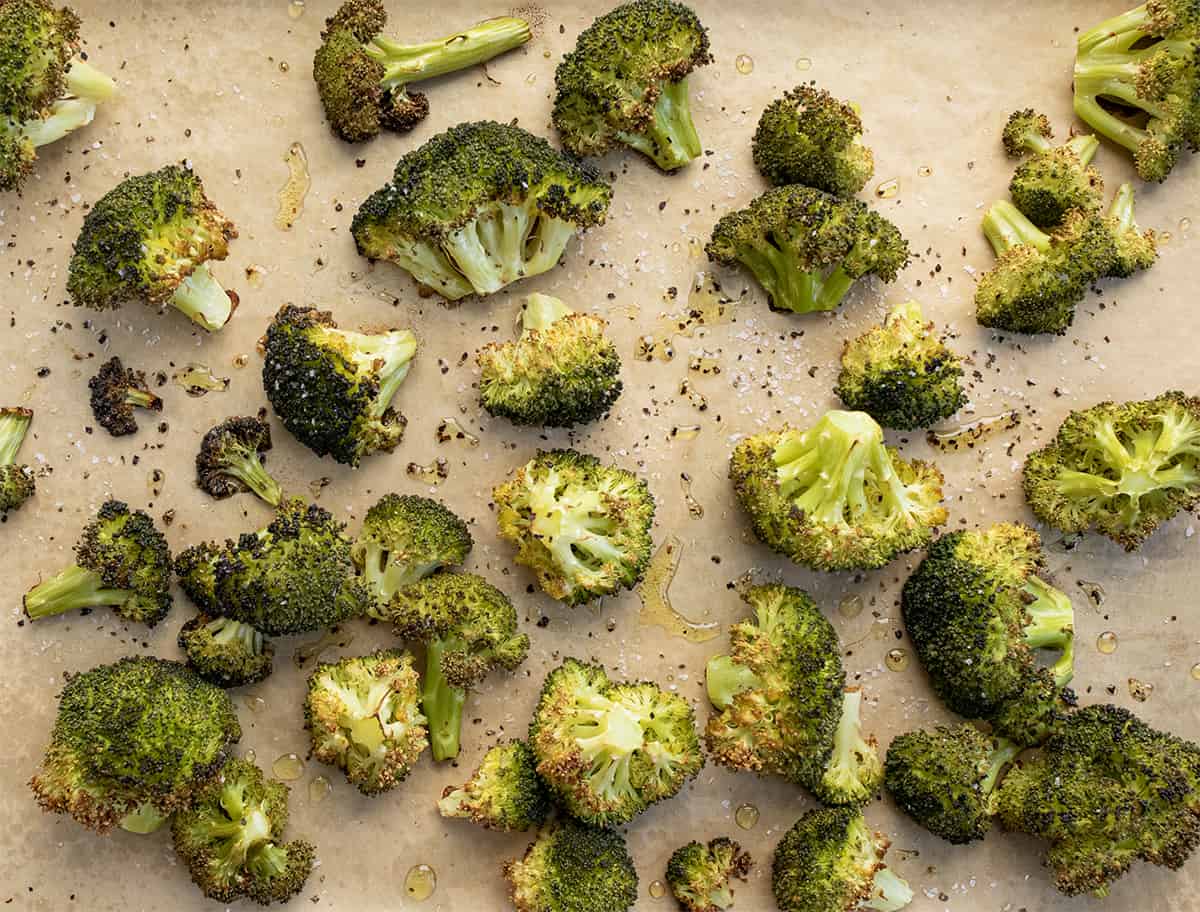 Pan of Broccoli Florets that Has Been Roasted for Broccoli Cheese Soup.