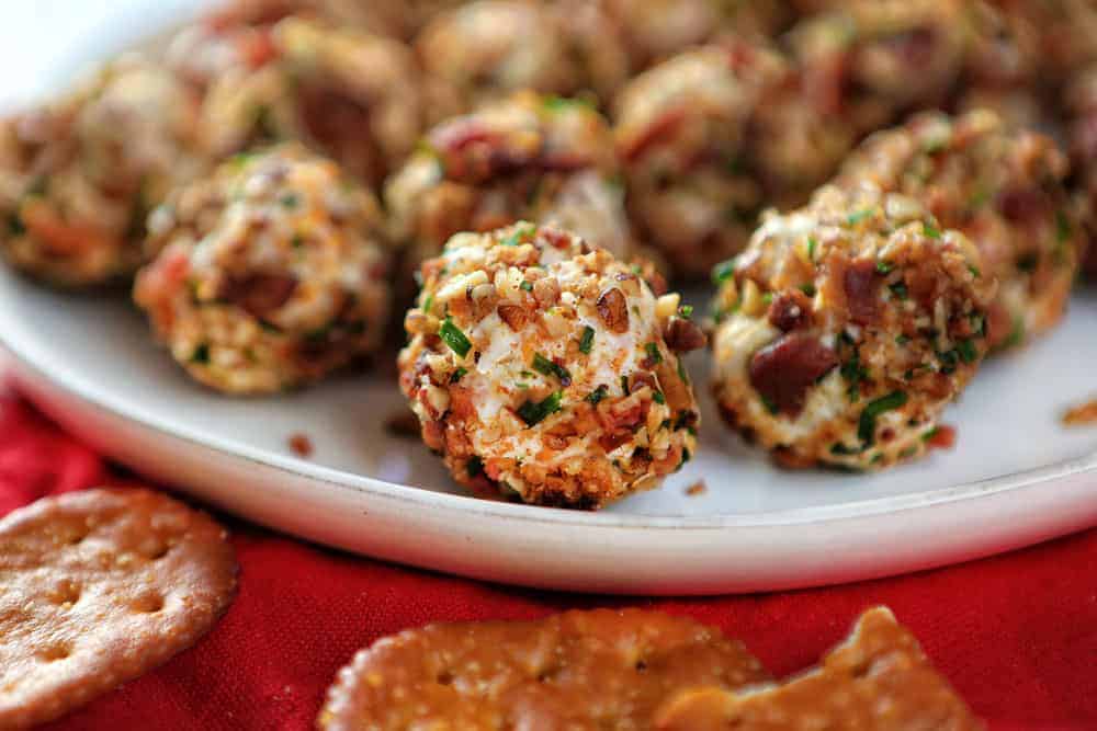 Cheese Ball Bites on Plate Served with Pretzel Crackers