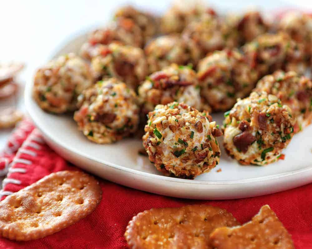 Cheese Ball Bites on White Plate with Red Napkin