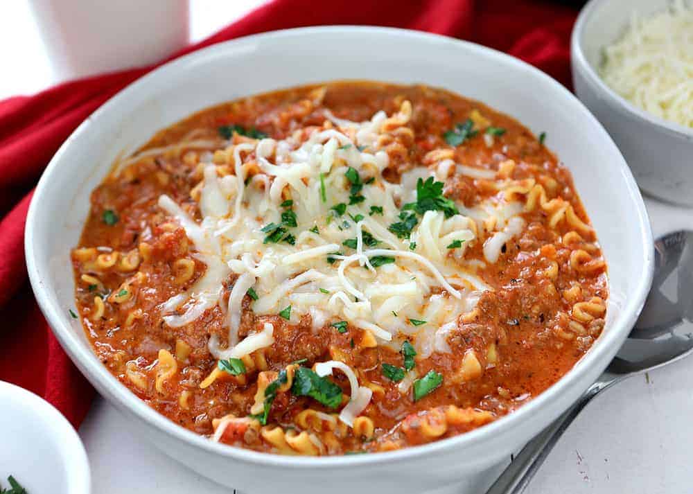 The BEST Lasagna Soup Recipe in a white bowl